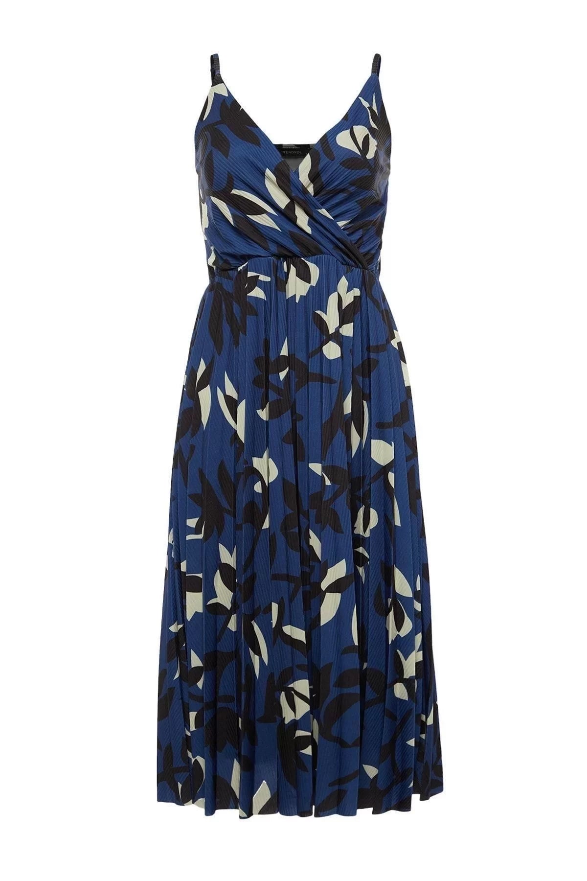 Fashionable Navy Blue Patterned Waist Opening Skater Midi Double Breasted Pleated Strappy Knitted Dress