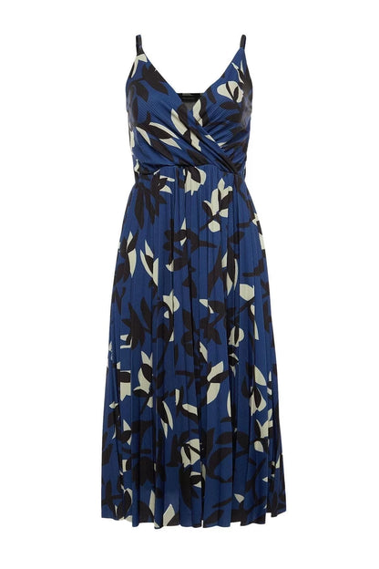 Fashionable Navy Blue Patterned Waist Opening Skater Midi Double Breasted Pleated Strappy Knitted Dress