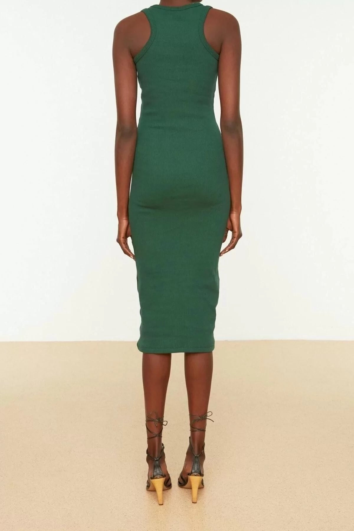 Sleeveless Halter Neck Green Ribbed Bodycone Body-Fitting Crew Neck Flexible Midi Knitted Pencil Dress