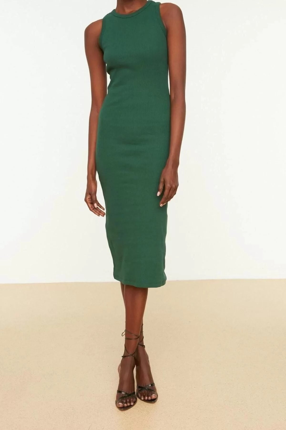 Sleeveless Halter Neck Green Ribbed Bodycone Body-Fitting Crew Neck Flexible Midi Knitted Pencil Dress