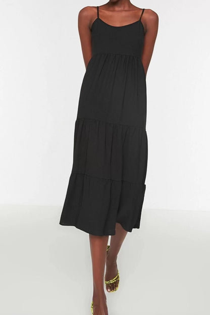 Fashion Strap U Neck Midi Dress Black Skirt Flounce Relaxed Cut Strap Midi Woven Dress