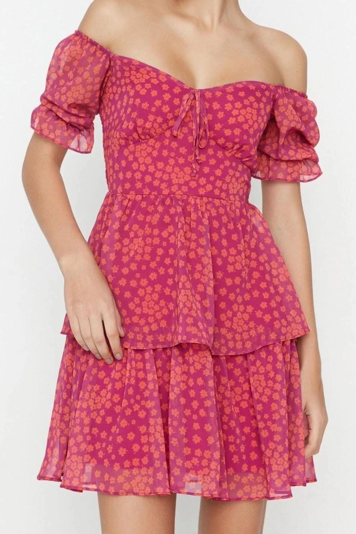 Short Sleeve Carmen Collar Floral Skirt Flounce Skater Waist Opening Chiffon Mini Lined Woven Dress