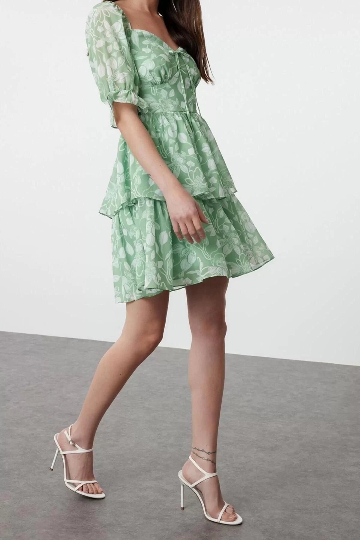 Short Sleeve Carmen Collar Floral Skirt Flounce Skater Waist Opening Chiffon Mini Lined Woven Dress