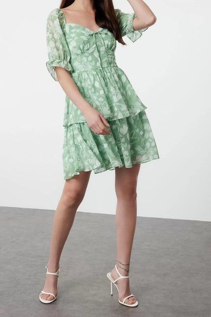 Short Sleeve Carmen Collar Floral Skirt Flounce Skater Waist Opening Chiffon Mini Lined Woven Dress