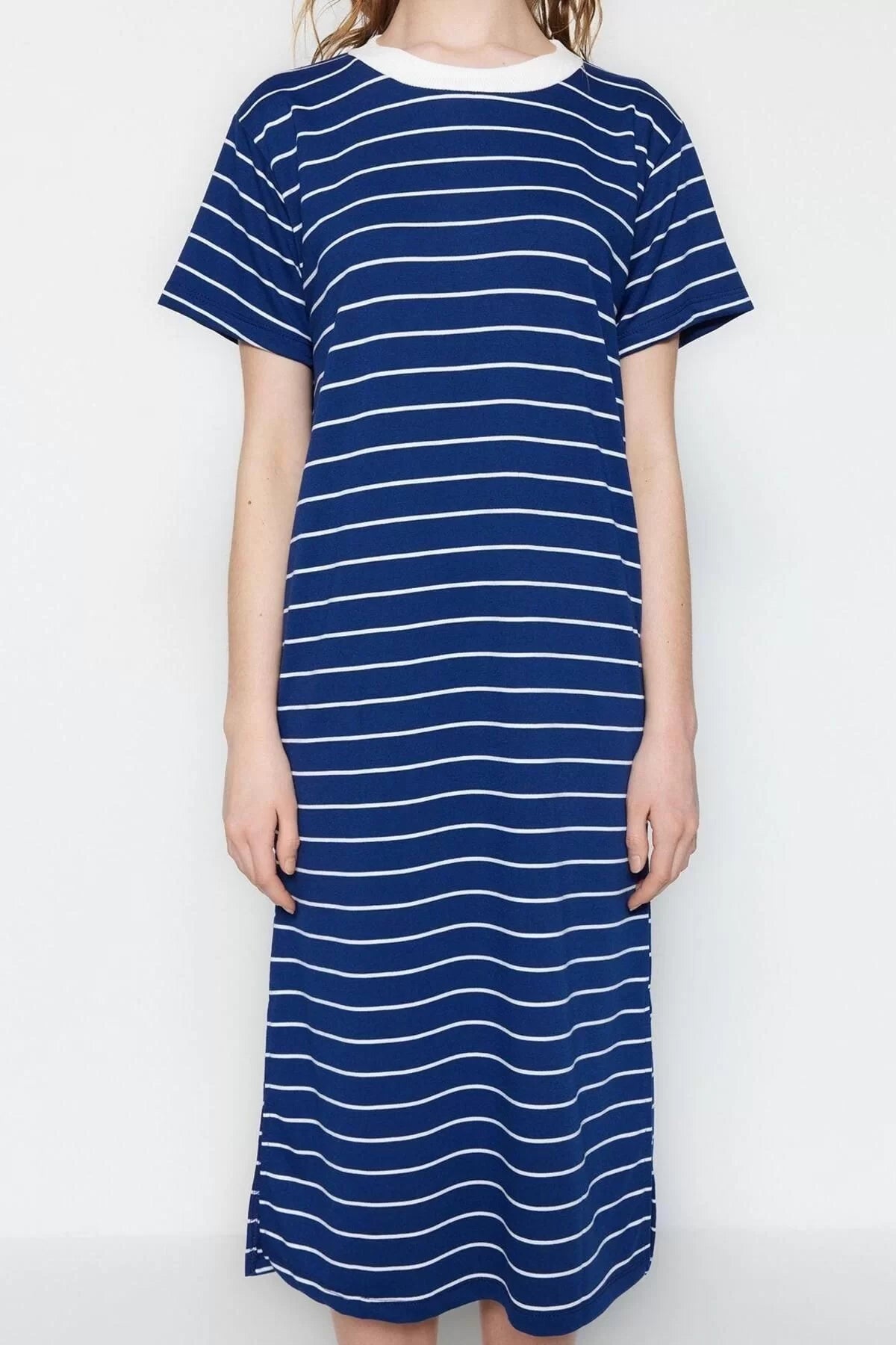 Short Sleeve Crew Neck Maxi Dress Navy Blue Striped Slit Detail Shift Plain Maxi Knit Dress