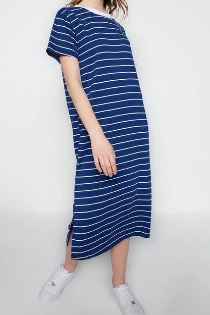 Short Sleeve Crew Neck Maxi Dress Navy Blue Striped Slit Detail Shift Plain Maxi Knit Dress