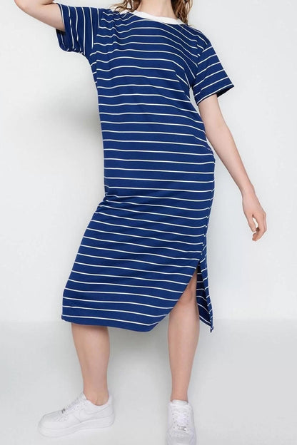 Short Sleeve Crew Neck Maxi Dress Navy Blue Striped Slit Detail Shift Plain Maxi Knit Dress