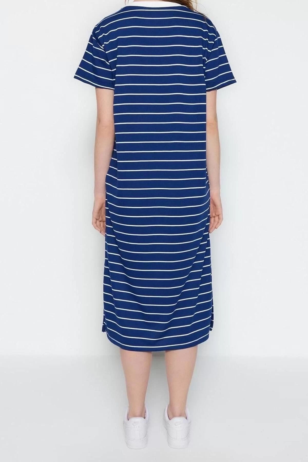 Short Sleeve Crew Neck Maxi Dress Navy Blue Striped Slit Detail Shift Plain Maxi Knit Dress