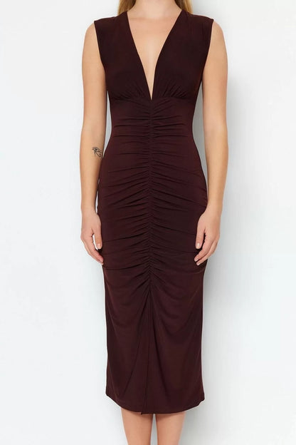 Sleeveless V Neck Dress Dark Brown Fitted Bodycon Pleated Midi Stretchy Knitted Pencil Dress