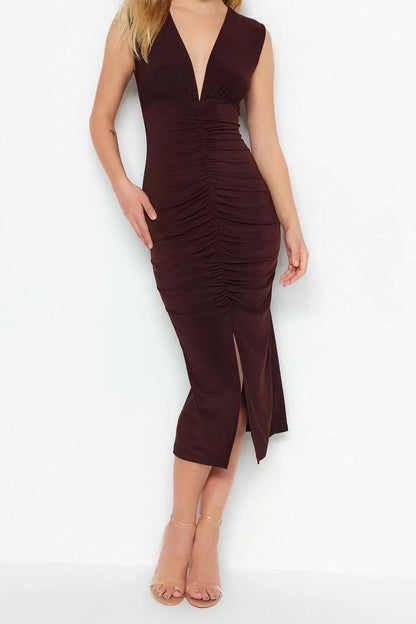 Sleeveless V Neck Dress Dark Brown Fitted Bodycon Pleated Midi Stretchy Knitted Pencil Dress