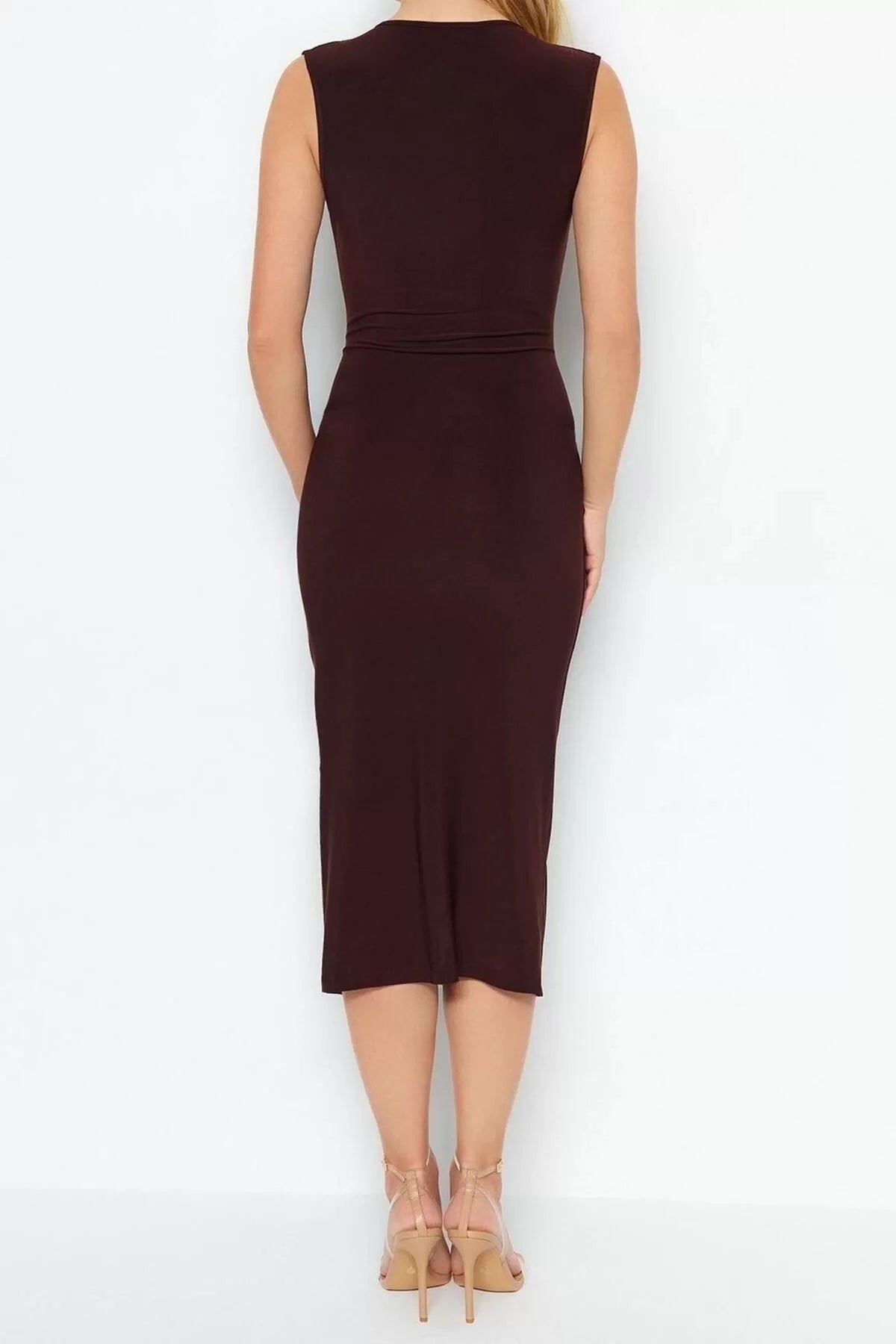 Sleeveless V Neck Dress Dark Brown Fitted Bodycon Pleated Midi Stretchy Knitted Pencil Dress