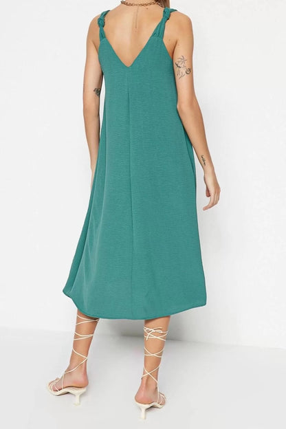 Fashion Sleeveless V Neck Midi Dress Green Relaxed Cut V Neck Midi Woven Dress