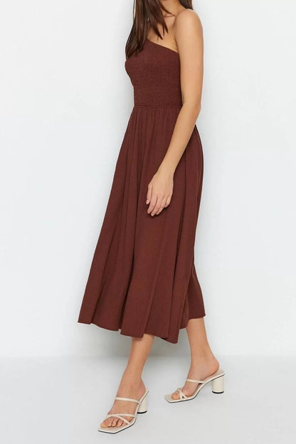 Fashion Sleeveless Asymmetrical Collar Brown Waist Opening Upper Body Gipel One Shoulder Midi Woven Dress