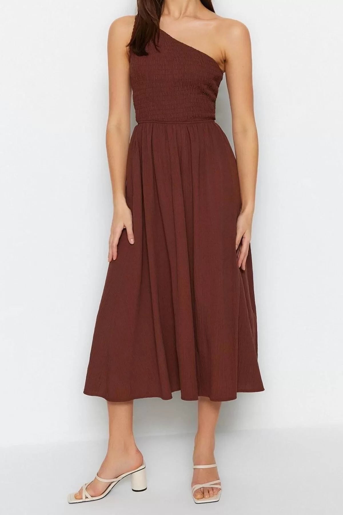 Fashion Sleeveless Asymmetrical Collar Brown Waist Opening Upper Body Gipel One Shoulder Midi Woven Dress