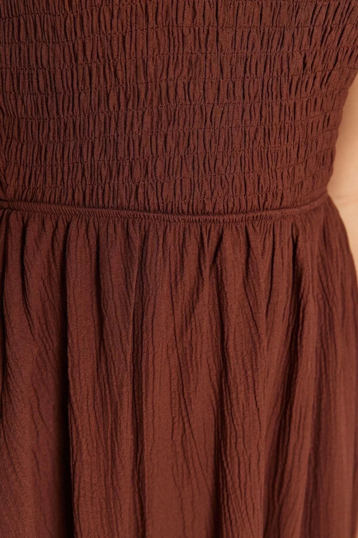 Fashion Sleeveless Asymmetrical Collar Brown Waist Opening Upper Body Gipel One Shoulder Midi Woven Dress