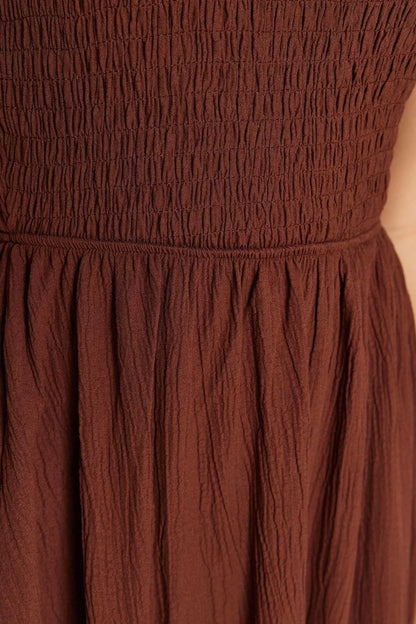 Fashion Sleeveless Asymmetrical Collar Brown Waist Opening Upper Body Gipel One Shoulder Midi Woven Dress