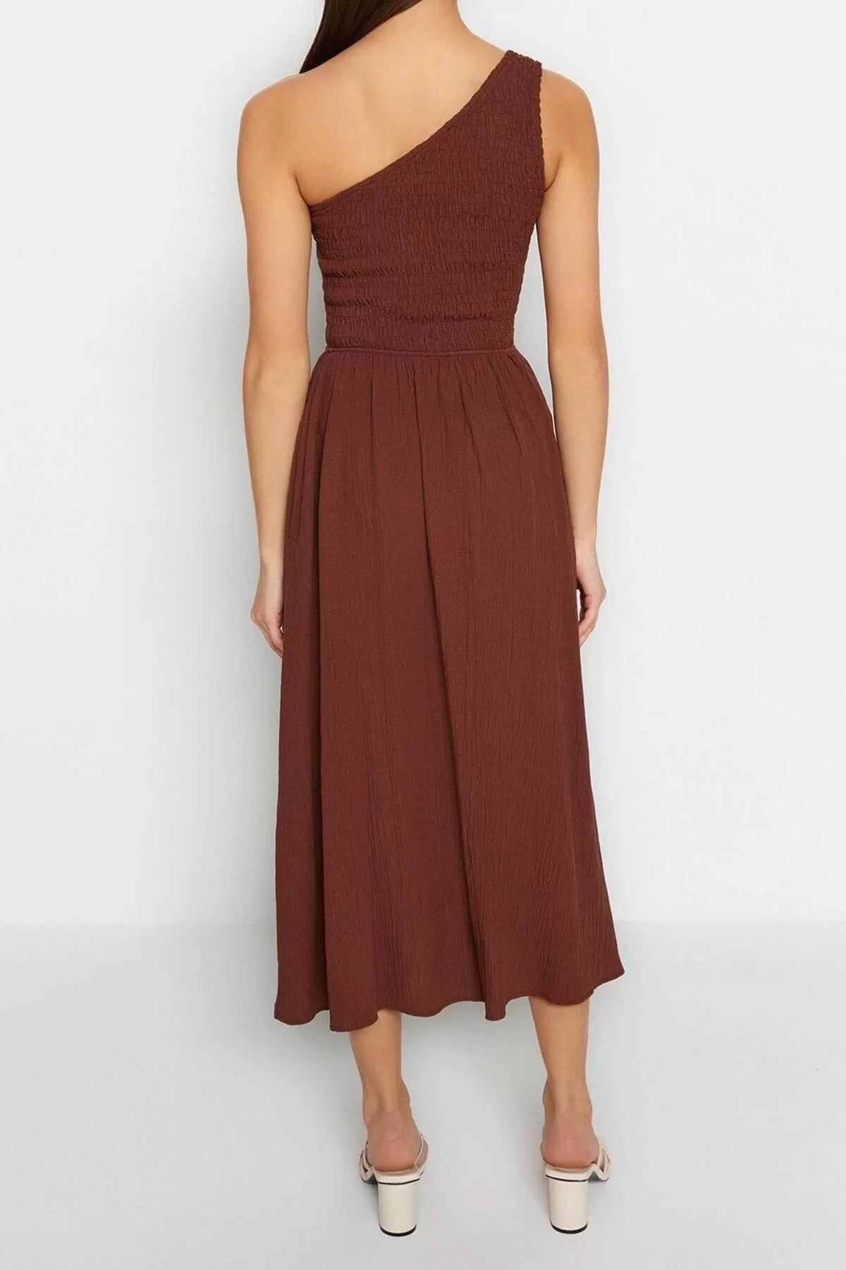 Fashion Sleeveless Asymmetrical Collar Brown Waist Opening Upper Body Gipel One Shoulder Midi Woven Dress