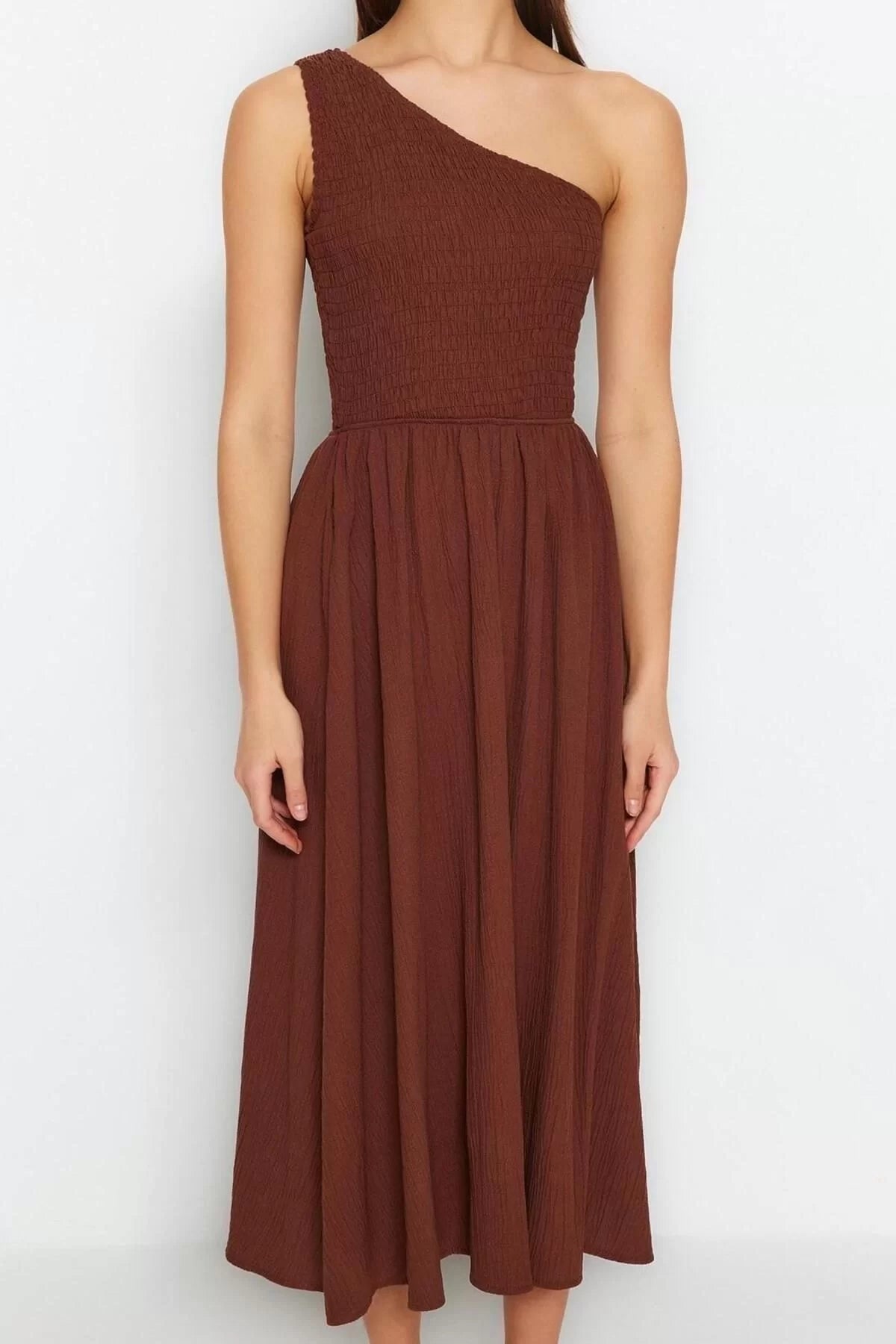 Fashion Sleeveless Asymmetrical Collar Brown Waist Opening Upper Body Gipel One Shoulder Midi Woven Dress