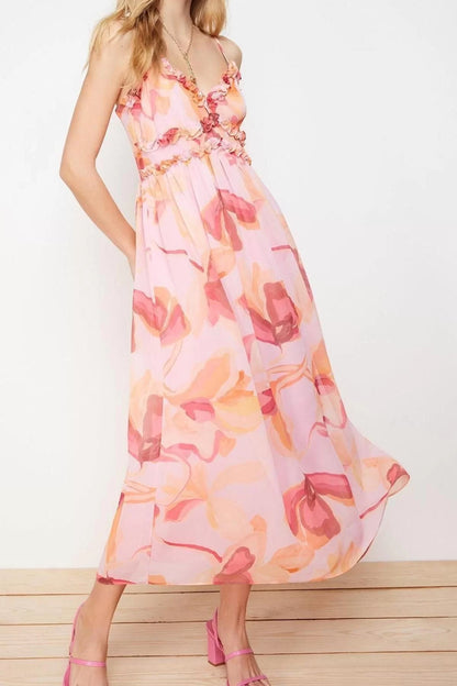 Style Strap V Neck Purple Floral Patterned A-Line Ruffle Detailed Lined Chiffon Maxi Woven Dress