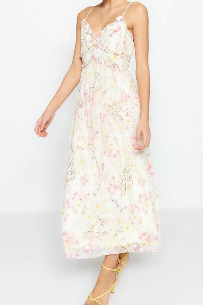 Style Strap V Neck Purple Floral Patterned A-Line Ruffle Detailed Lined Chiffon Maxi Woven Dress