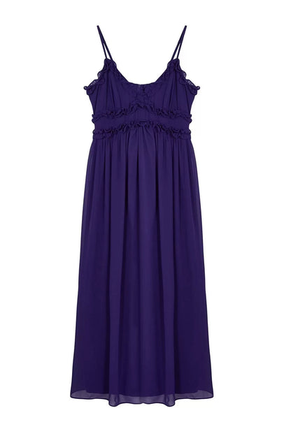 Style Strap V Neck Purple Floral Patterned A-Line Ruffle Detailed Lined Chiffon Maxi Woven Dress