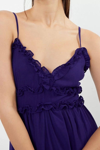 Style Strap V Neck Purple Floral Patterned A-Line Ruffle Detailed Lined Chiffon Maxi Woven Dress