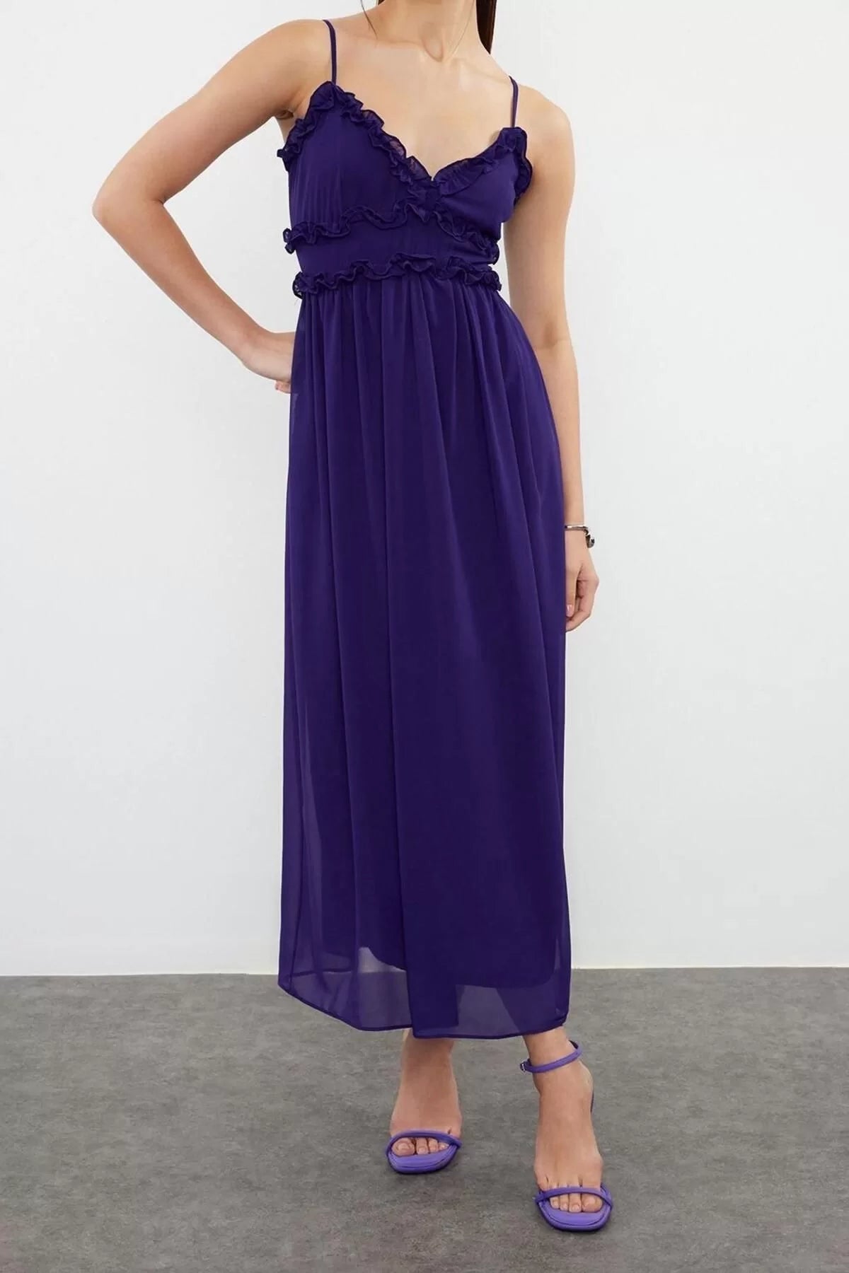 Style Strap V Neck Purple Floral Patterned A-Line Ruffle Detailed Lined Chiffon Maxi Woven Dress