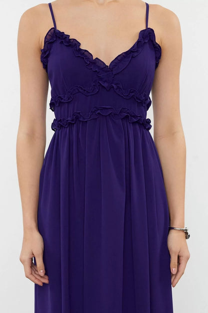 Style Strap V Neck Purple Floral Patterned A-Line Ruffle Detailed Lined Chiffon Maxi Woven Dress