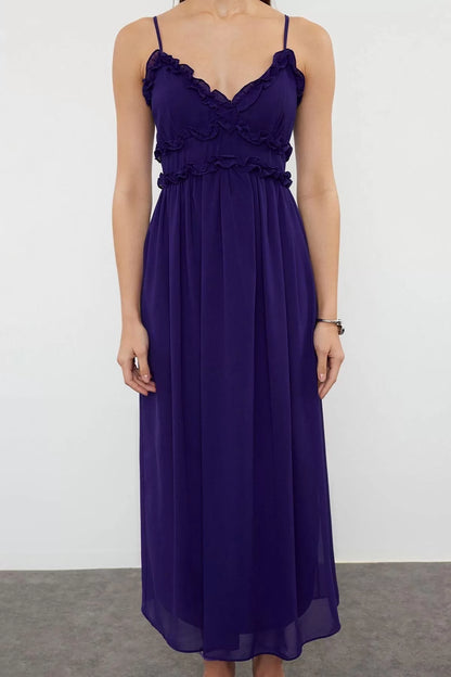 Style Strap V Neck Purple Floral Patterned A-Line Ruffle Detailed Lined Chiffon Maxi Woven Dress