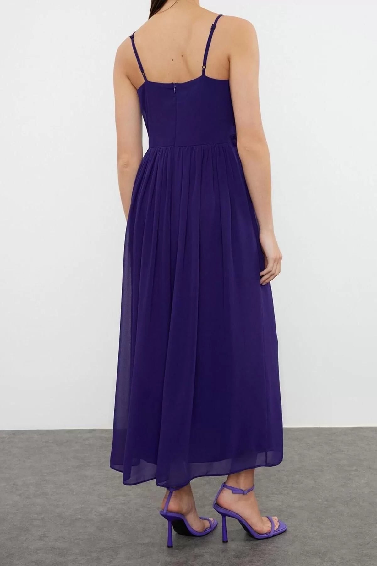 Style Strap V Neck Purple Floral Patterned A-Line Ruffle Detailed Lined Chiffon Maxi Woven Dress