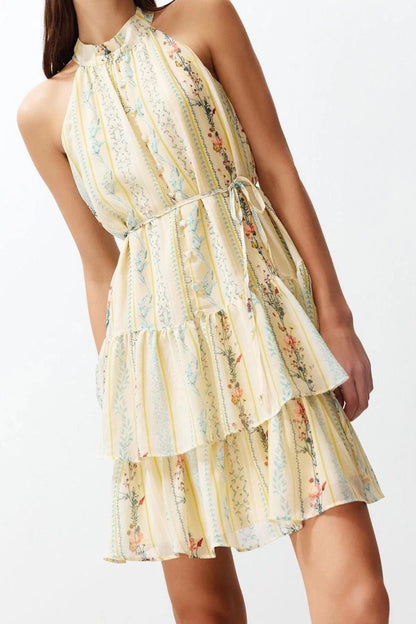 Sleeveless Halter Neck Mini Dress Yellow Floral Patterned A-Line Layered Mini Lined Chiffon Woven Dress