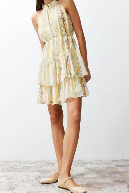 Sleeveless Halter Neck Mini Dress Yellow Floral Patterned A-Line Layered Mini Lined Chiffon Woven Dress