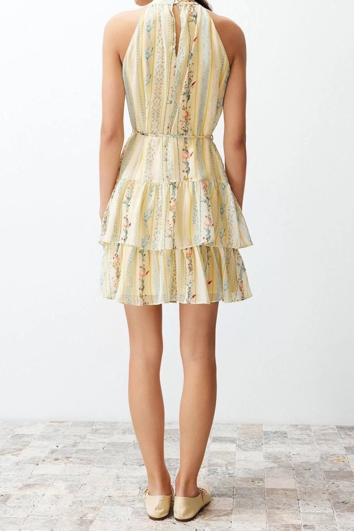 Sleeveless Halter Neck Mini Dress Yellow Floral Patterned A-Line Layered Mini Lined Chiffon Woven Dress