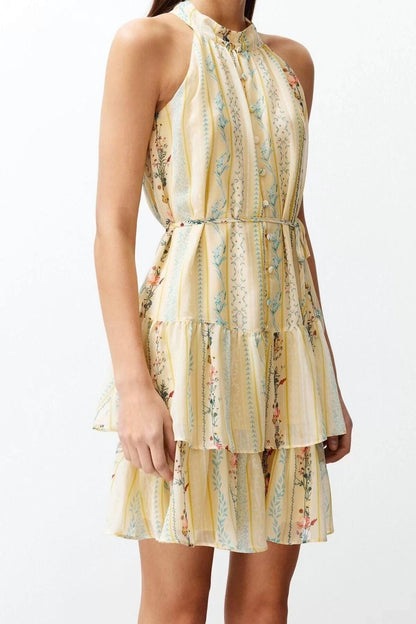 Sleeveless Halter Neck Mini Dress Yellow Floral Patterned A-Line Layered Mini Lined Chiffon Woven Dress