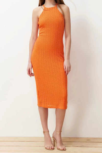 Halter Neck Orange Knitwear Look Shift Straight Cut Halter Neck Midi Flexible Knitted Pencil Dress