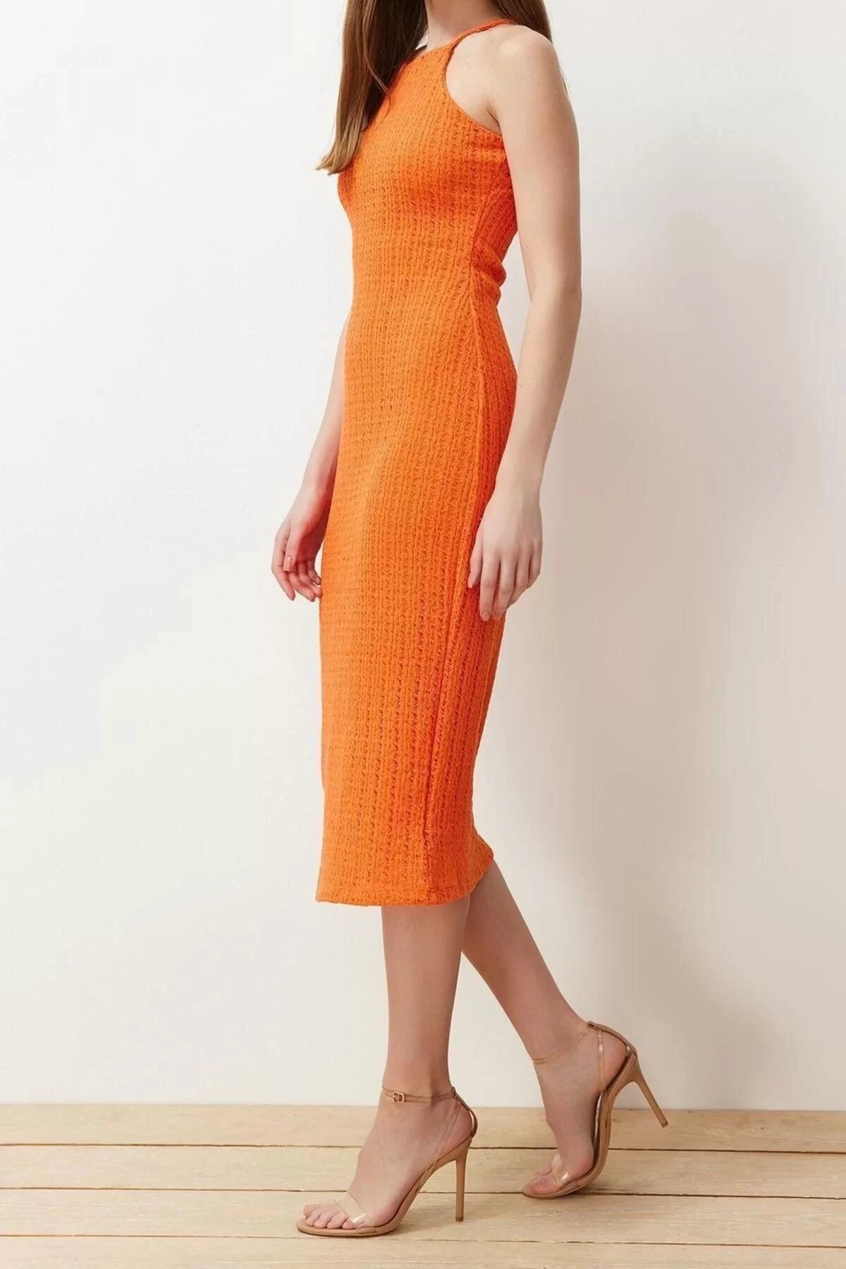 Halter Neck Orange Knitwear Look Shift Straight Cut Halter Neck Midi Flexible Knitted Pencil Dress