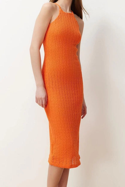 Halter Neck Orange Knitwear Look Shift Straight Cut Halter Neck Midi Flexible Knitted Pencil Dress