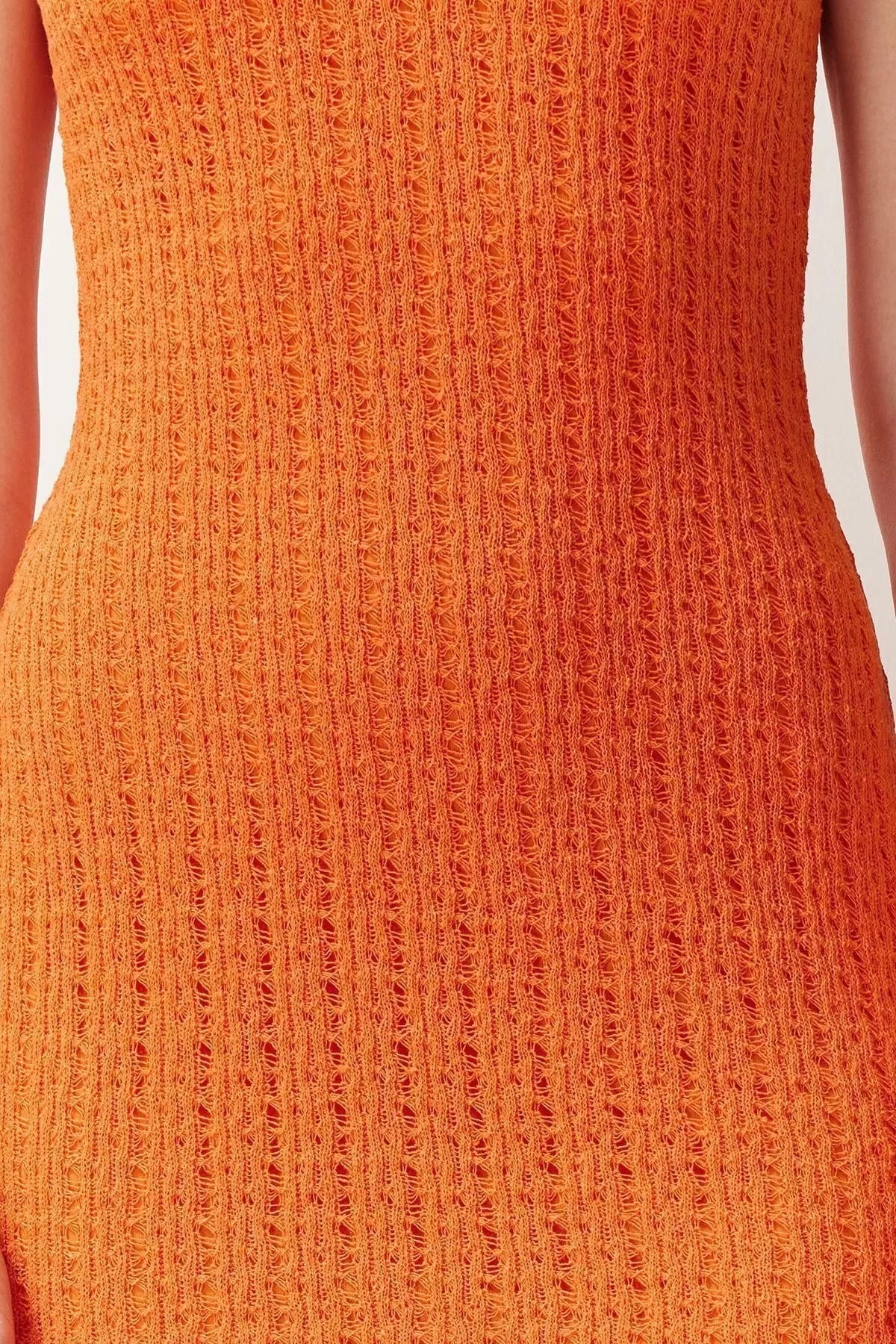 Halter Neck Orange Knitwear Look Shift Straight Cut Halter Neck Midi Flexible Knitted Pencil Dress