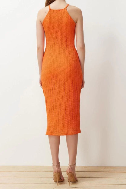 Halter Neck Orange Knitwear Look Shift Straight Cut Halter Neck Midi Flexible Knitted Pencil Dress