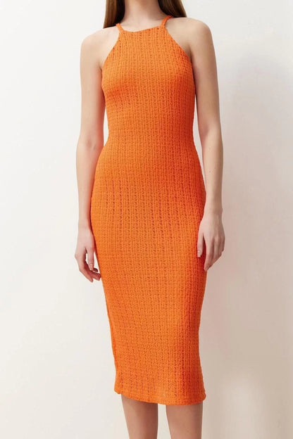 Halter Neck Orange Knitwear Look Shift Straight Cut Halter Neck Midi Flexible Knitted Pencil Dress