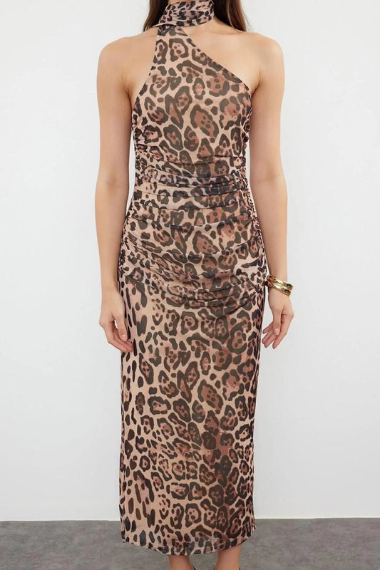 Sleeveless Asymmetrical Neck Leopard Patterned Halter Neck Fitted Tulle Knit Midi Pencil Dress