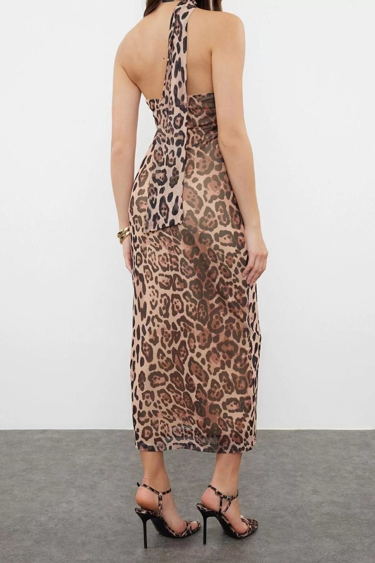 Sleeveless Asymmetrical Neck Leopard Patterned Halter Neck Fitted Tulle Knit Midi Pencil Dress