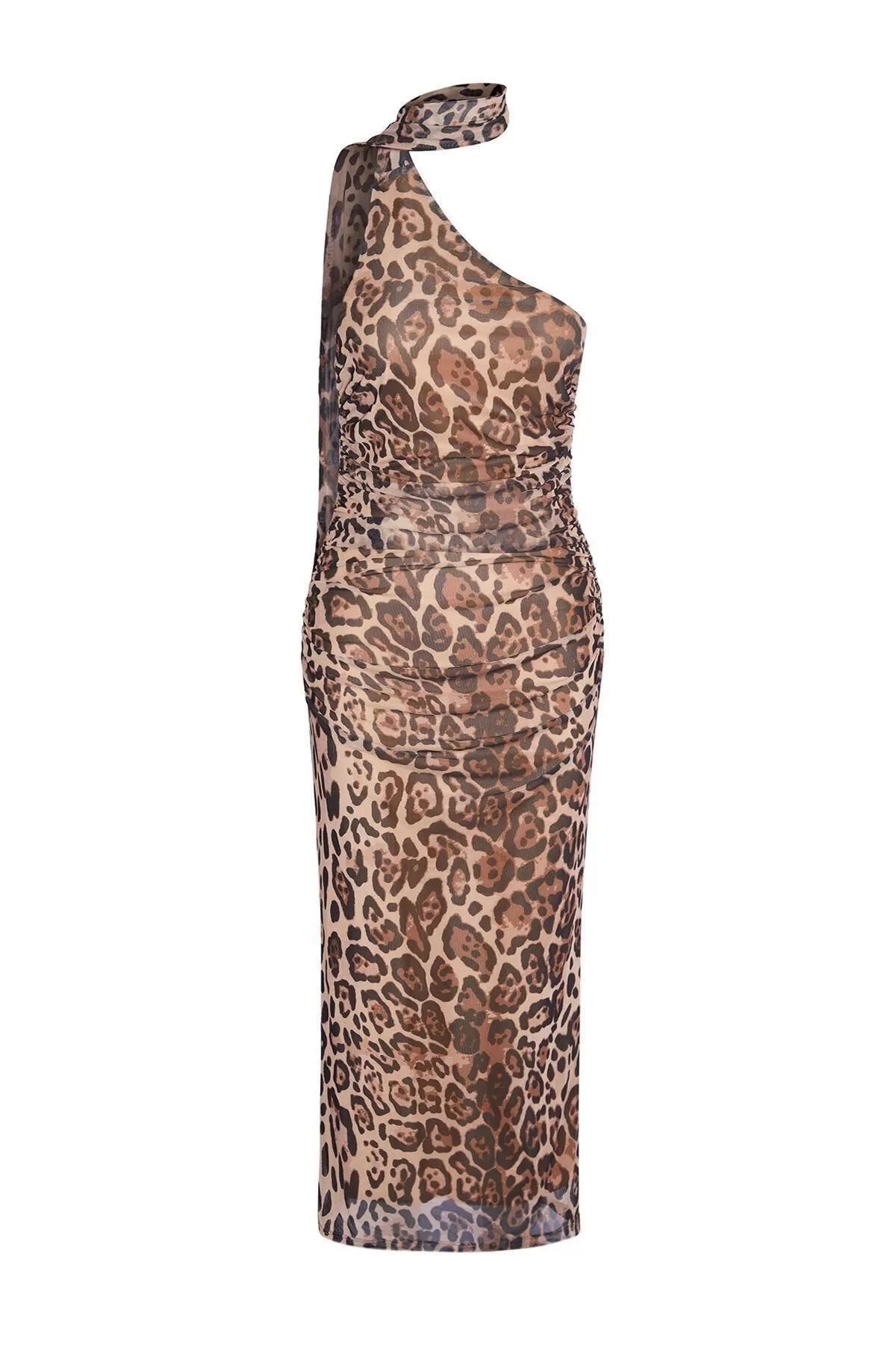 Sleeveless Asymmetrical Neck Leopard Patterned Halter Neck Fitted Tulle Knit Midi Pencil Dress