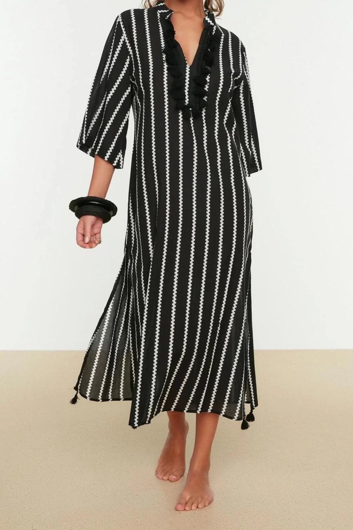 Fashion Woven Casual Long Shirt Collar Standard Sleeve Voile Basic Striped Pattern Kimono Kaftan