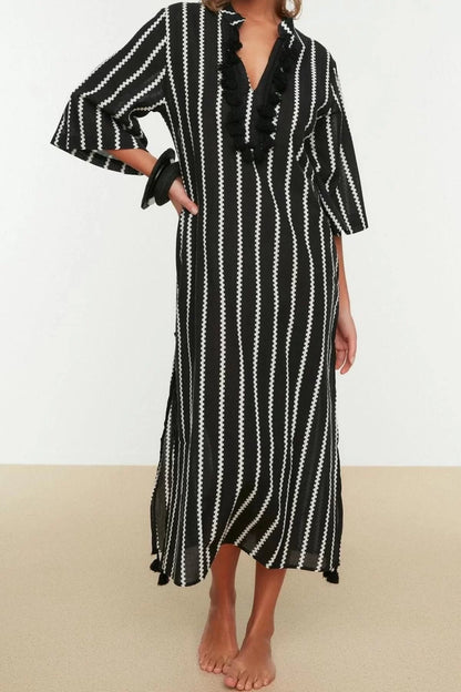 Fashion Woven Casual Long Shirt Collar Standard Sleeve Voile Basic Striped Pattern Kimono Kaftan