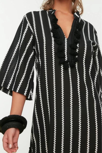 Fashion Woven Casual Long Shirt Collar Standard Sleeve Voile Basic Striped Pattern Kimono Kaftan