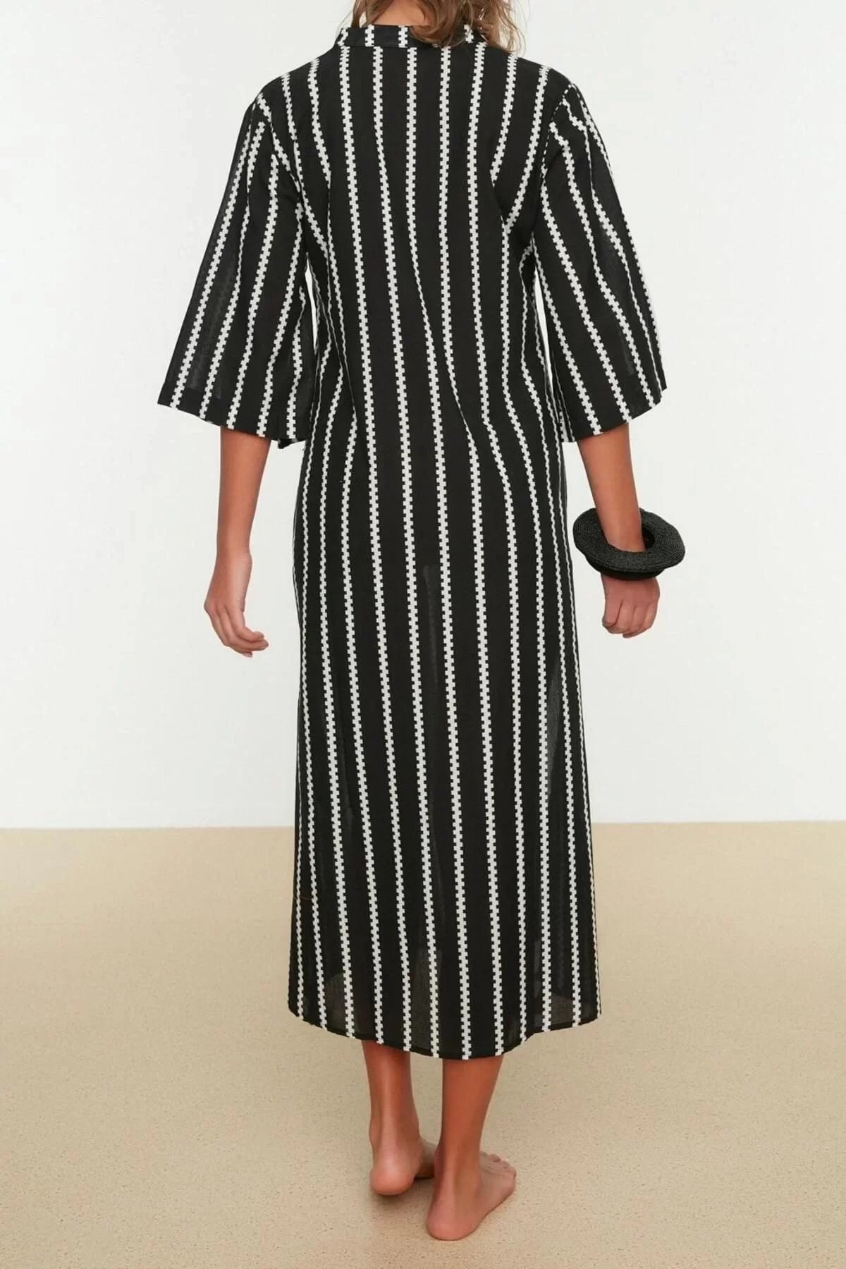 Fashion Woven Casual Long Shirt Collar Standard Sleeve Voile Basic Striped Pattern Kimono Kaftan