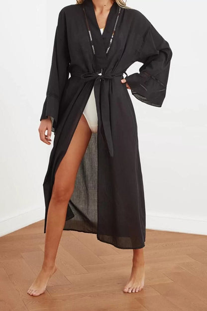 Fashion Woven Regular Pattern Long V Neck Spanish Sleeve Flamed Cotton Basic Plain Pattern Kimono Kaftan