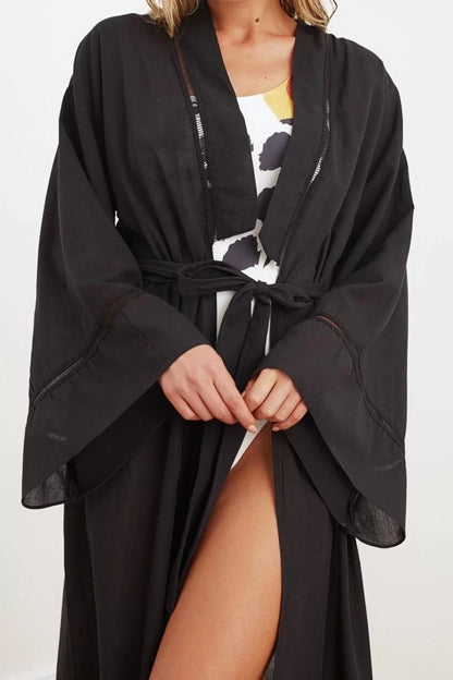 Fashion Woven Regular Pattern Long V Neck Spanish Sleeve Flamed Cotton Basic Plain Pattern Kimono Kaftan