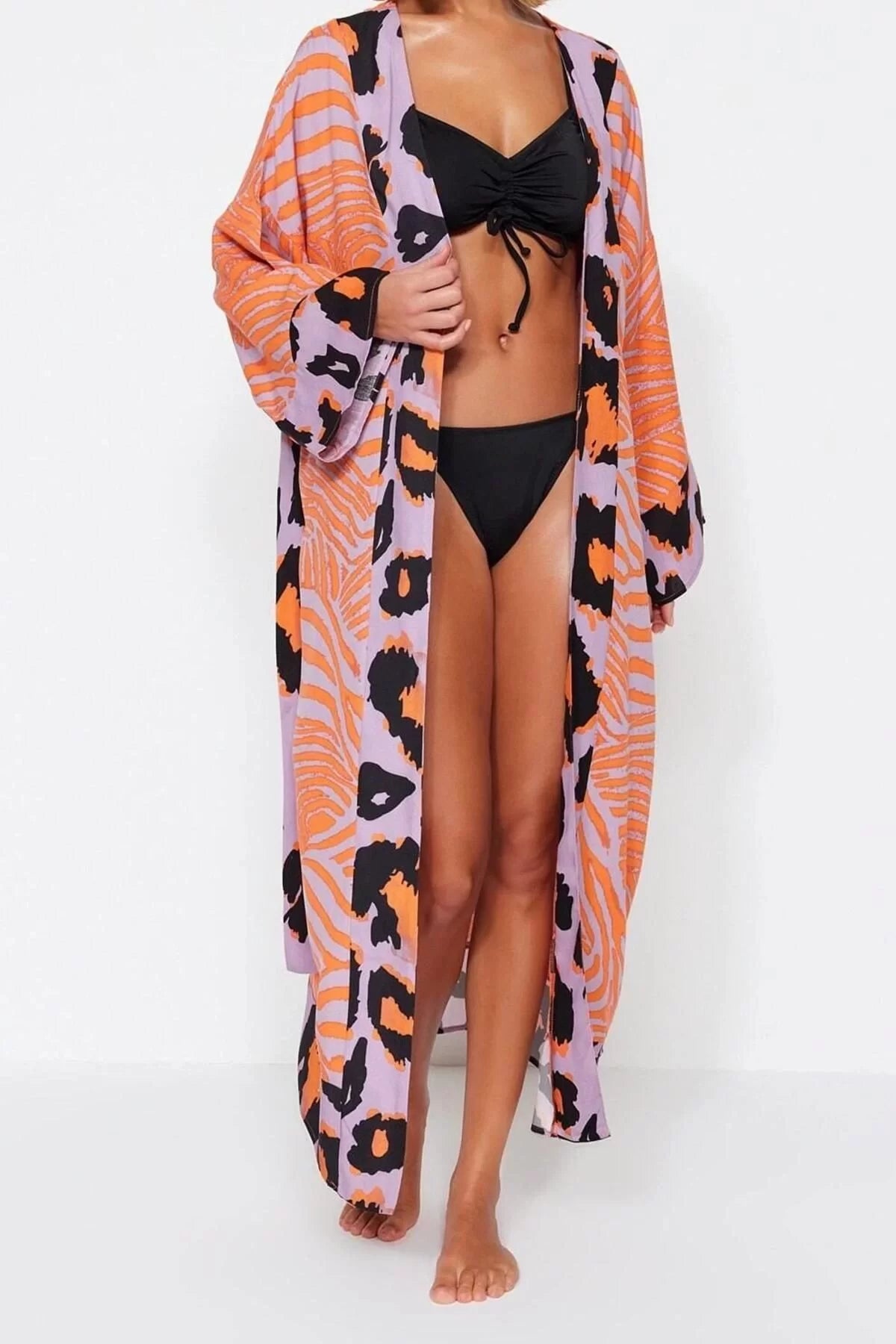 Fashion Woven Comfortable Long V Neck Standard Sleeve Shally Basic Animal Pattern Kimono Kaftan